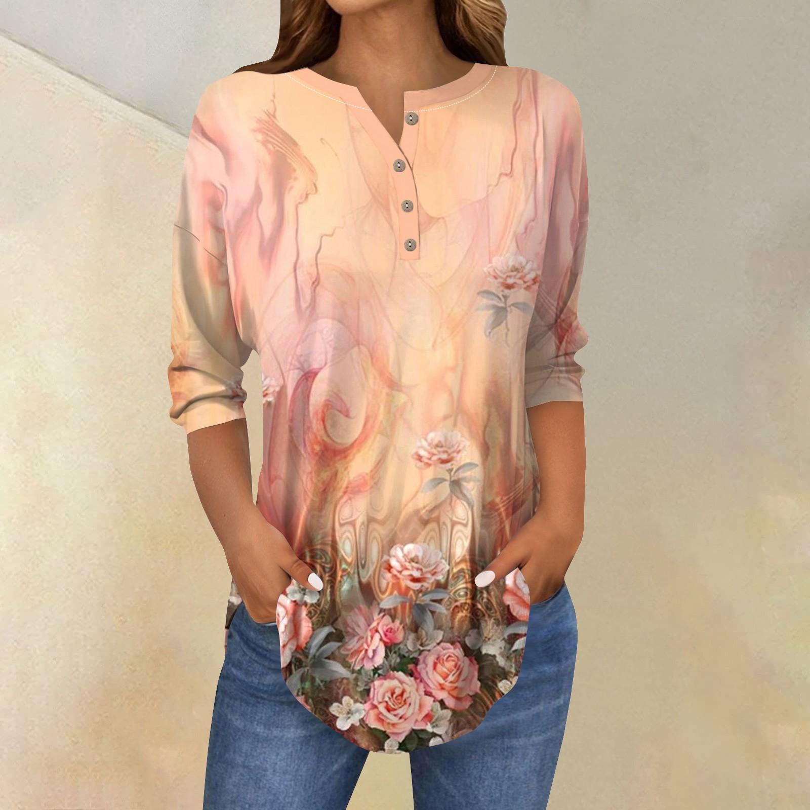 

Жіночі топи з рукавом 3/4 Літні футболки з квітковим принтом V-подібним вирізом Повсякденні базові футболки на ґудзиках Топ-туніки XL помаранчевий