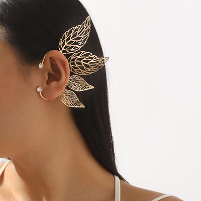 Women European American Fashion Exaggerated Creative Rhinestone Gold Single Leaf Star No Piercing Ear Cuffs For Women