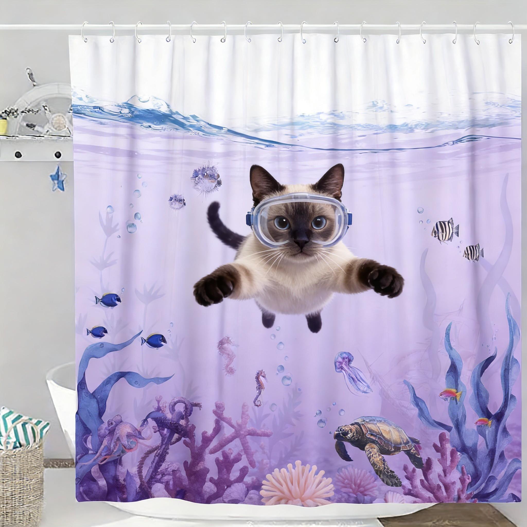 

Cute Ragdoll Cat Snorkeling Underwater Ocean Waterproof Shower Curtain W60H190(CM)-1 Pcs