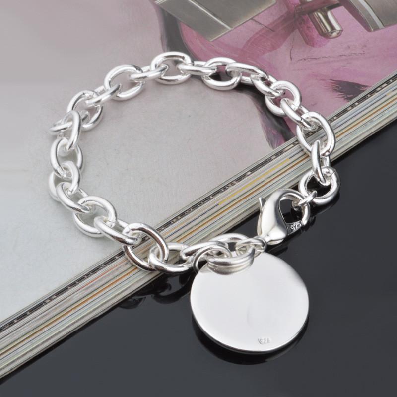 925 Sterling Silver Circle Tag Bracelet Woman Fashion Wedding Engagement Party Jewelry 20cm