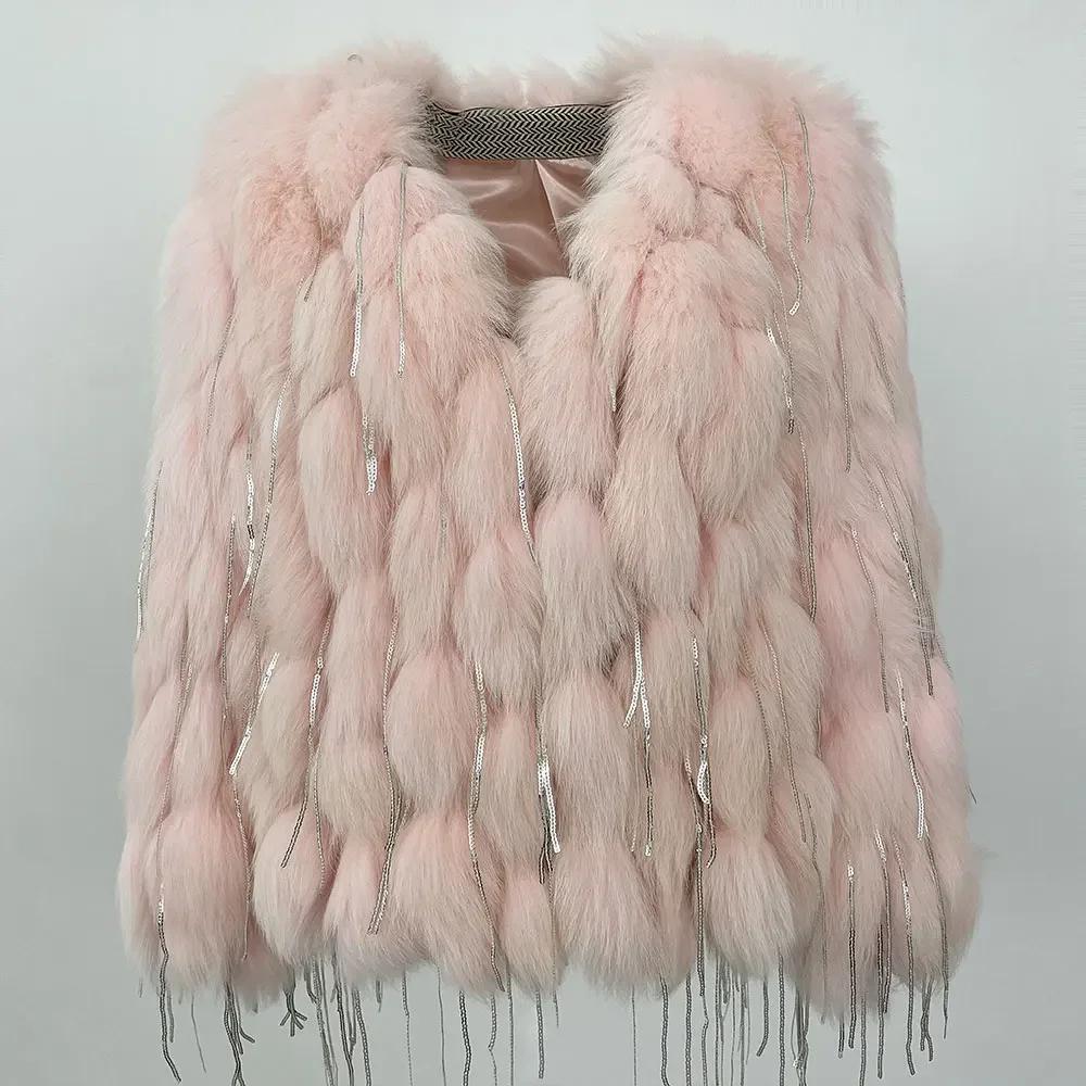 

OFTBUY Зимова тепла шуба Жіноча плетена пальто з V-подібним вирізом з натурального песця Розкішна вільна вулична повсякденна шуба з натурального хутра One Size рожевий