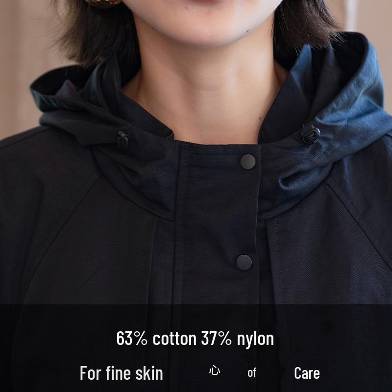 YUN Hooded Mid-Length Casual Trench Coat - Solid Color, Zipper, Loose Fit, Lightweight