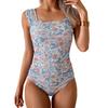 Womens Wide Strap Ruffle Detail One Piece Swimsuit Multi Color Print Bathing Suit