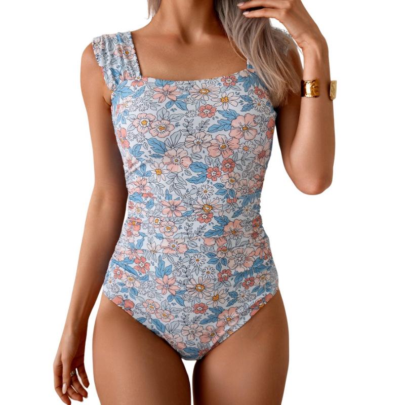 Womens Wide Strap Ruffle Detail One Piece Swimsuit Multi Color Print Bathing Suit