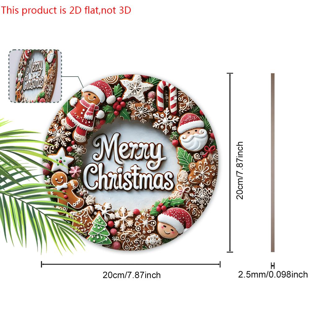 Merry Christmas Wooden Sign with Gingerbread Man & Santa Claus Pattern - Navidad Round Sign for Fornt Door, Wall Decor - Ideal Christmas Decoration