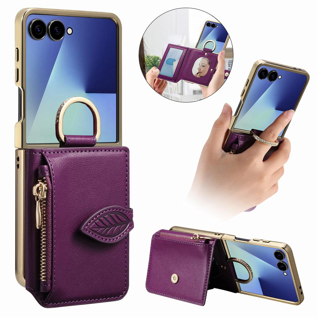 Luxury Ring Holder Zipper Cards Wallet Leather Case For Samsung Z Flip 7 6 5 4 Comfortable Grip Shockproof  Makeup Mirror Cover