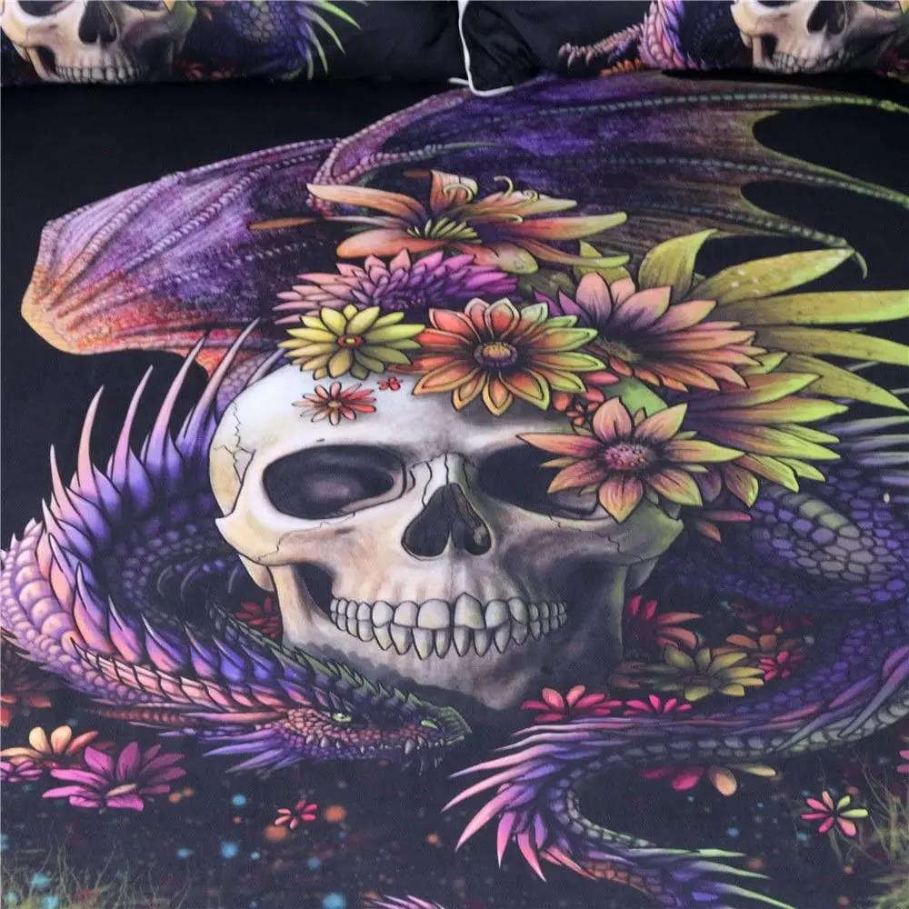 3D-Bettwäscheset mit Zuckerschädel-Motiv, Doppelbettgröße, Blumendruck, schwarzes Mikrofaser-Polyester-Bettwäscheset