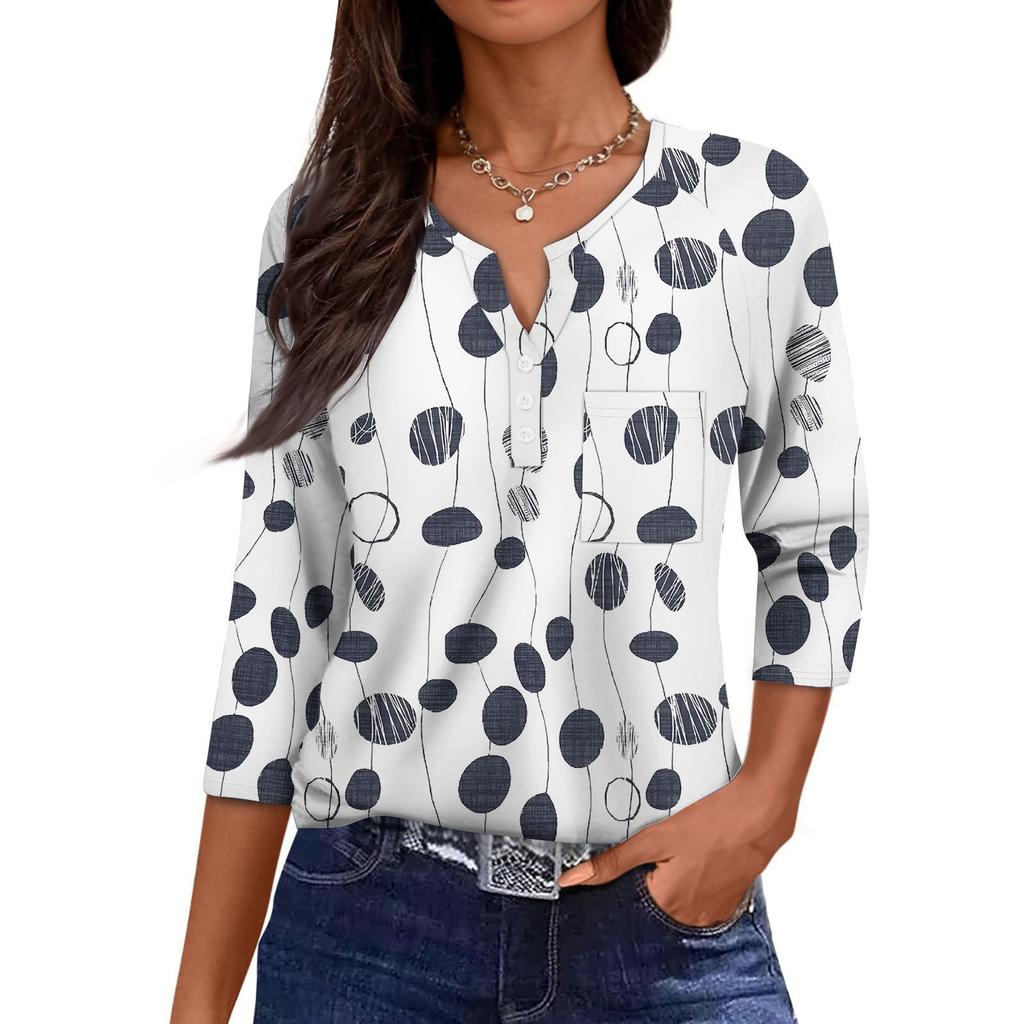 Damska Codzienna Modna Dekolt V Luźna Wszechstronna Kwiatowy Wzór Rękawy Trzyczwarte
