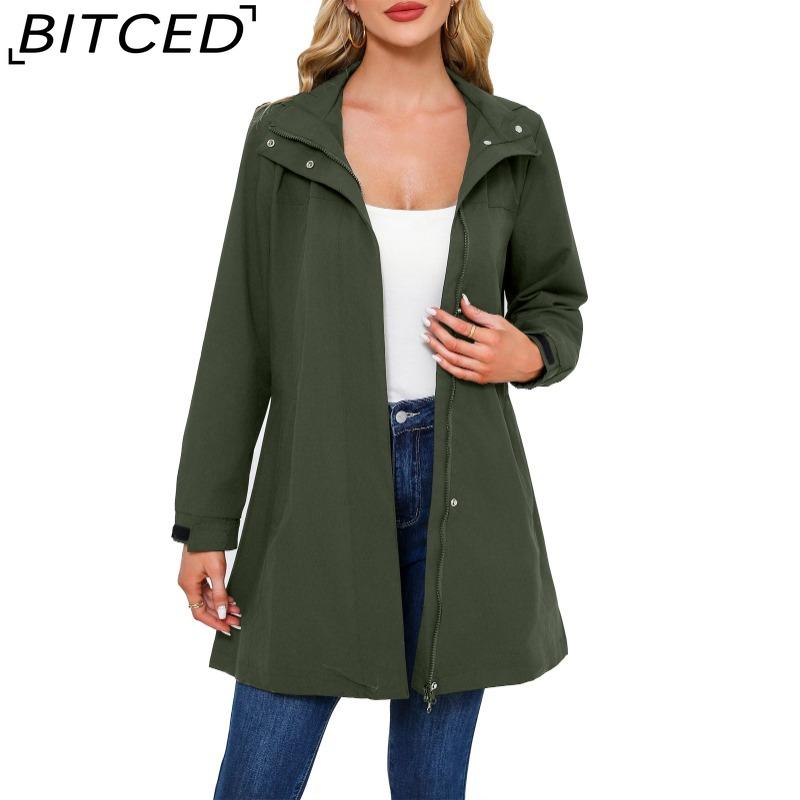 BITCED Spring/Fall Detachable-Cap Water-Resistant Trench Coat for Women Solid Color Long-Sleeve Lightweight Jacket Casual Women's Wear