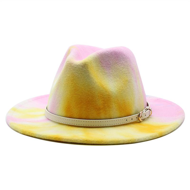Ji British Style Tie-Dye Rainbow Woolen Jazz Top Hat Men And Women Big Eaves Hat Flat Edge Hat