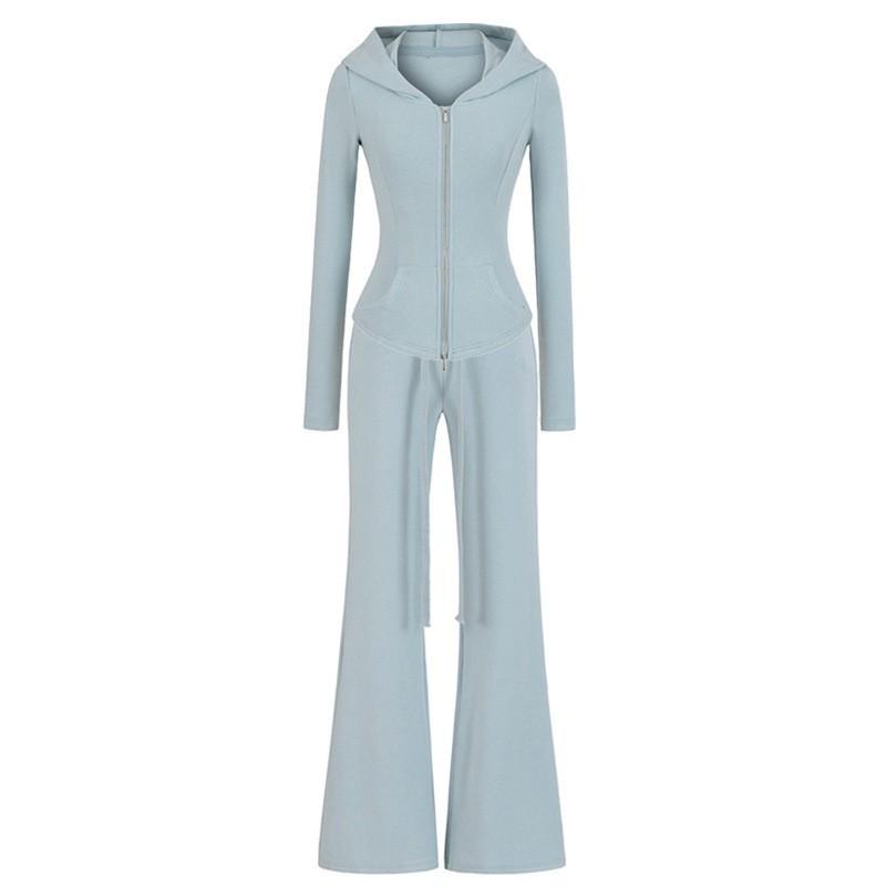 Womens Casual Yoga Set Hooded Zip Cardigan Flared Pants Solid Color Sportswear