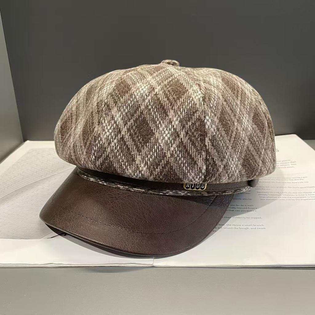 Retro Rhombus Octagonal Hat Autumn and Winter Temperament  British Style Newsboy Hat  Small Duck Tongue Beret  Female Painter Hat