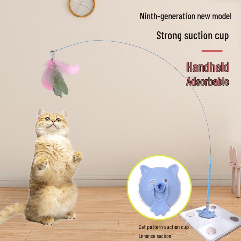 Durable Cat Teaser Wand with Suction Cup, Colorful Feathers, Bell, and Long Steel Wire Rod