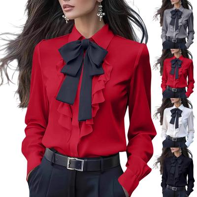 Women Bow Tie Neck Blouse Shirts Long Sleeve Tops