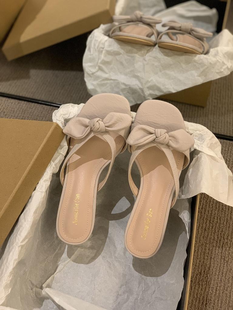 Korean version crystal thick heel bow retro yellow open-toed thin cool slippers fashion women's summer new one-word drag