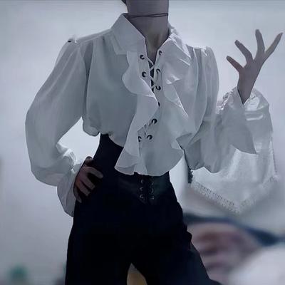 Men Victorian Style Women's Gothic Blouse Vintage Renaissance Pirate Prince Poet Shirt with Frills Lace-Up Medieval Buccaneer Top