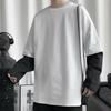 Männer T-shirt Gefälschte Zwei Stück Rundhals Langarm Kontrast Farbe Pullover Frühling Lose Patchwork Bodenbildung Shirt Streetwear