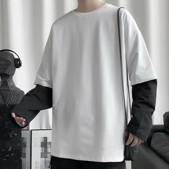 Männer T-shirt Gefälschte Zwei Stück Rundhals Langarm Kontrast Farbe Pullover Frühling Lose Patchwork Bodenbildung Shirt Streetwear