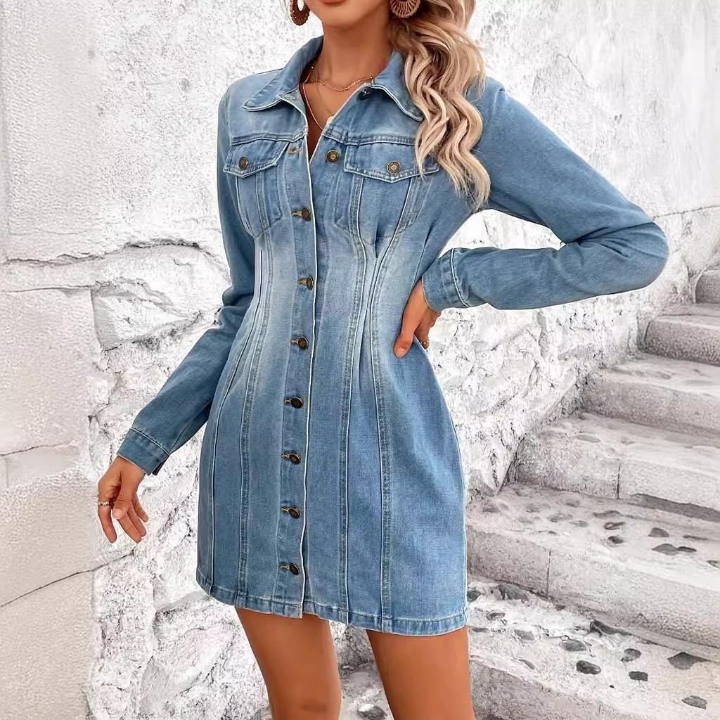 European and American Retro Waist-Cinching Slim Denim Dress