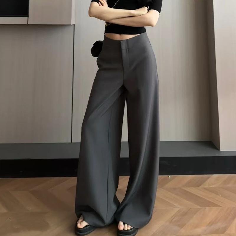 Women's Gray Wide-Leg High-Waisted Trousers - Korean Western Style, Loose Drape, Floor-Length for Spring & Autumn