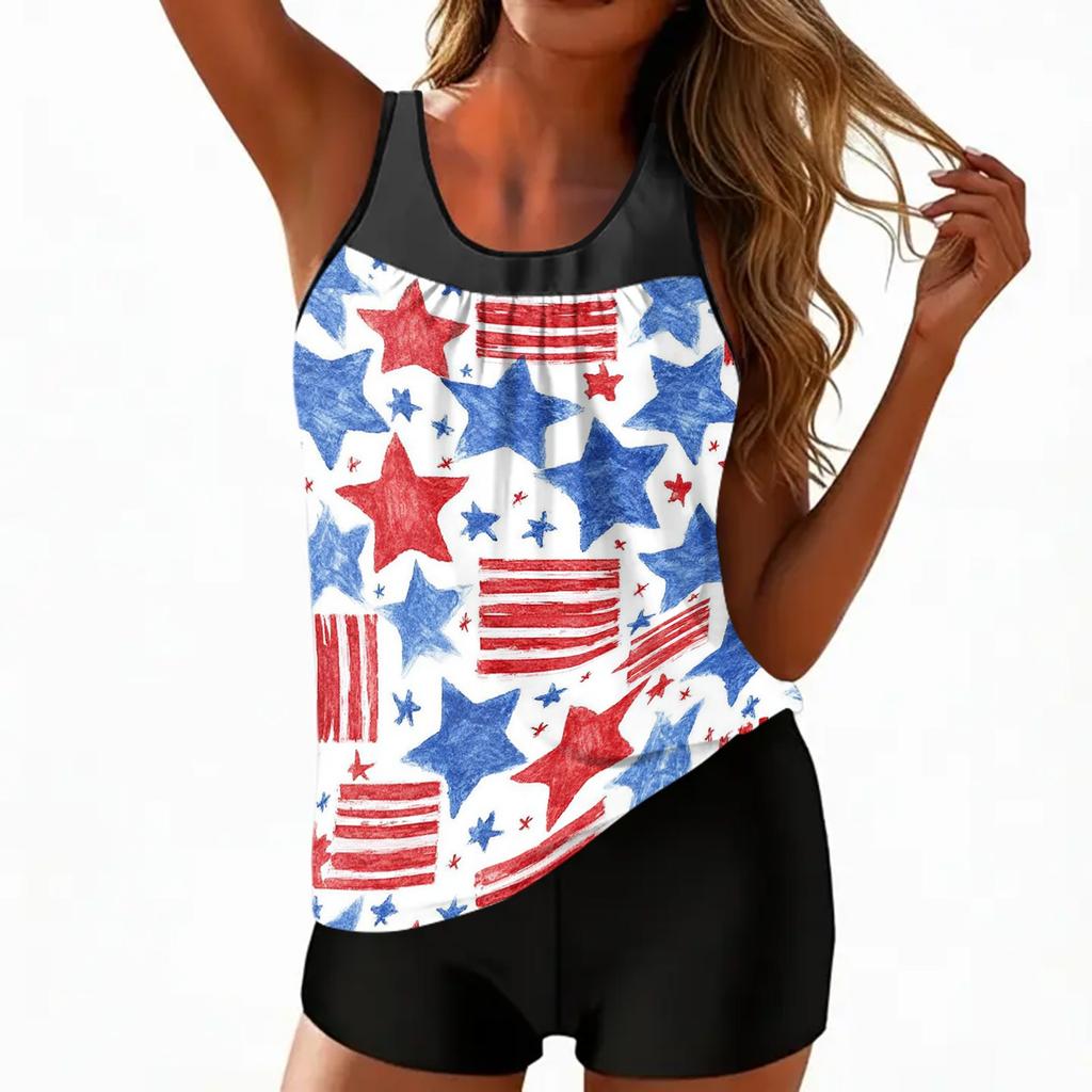 Women’s Sleeveless Tankini Swimsuit Set with Star Print Loose Fit Top and Swim Shorts for Outdoor Activities