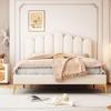 Bed 140 X 200 Cm, Bed Frame with Adjustable Headboard, Double Bed for Teenagers, Adults, Beige (without Mattress)