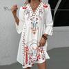 Summer Lady Dress Hollow Out Lace Patchwork Bohemian Three Quarter Sleeves Loose V Neck Printed Pleated Knee Length Vacation Beach Midi Dress
