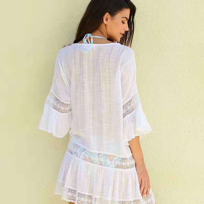 Sexy Beach Vacation Beach Cover Dress With Lace Stitching And Flared Sleeves, Loose Bikini Sun Protection Jacket