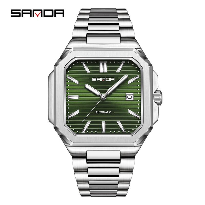 Sanda Men s Square Mechanical Wristwatch with Luminous Sun Pattern Dial and Steel Band зеленый цвет-серебро