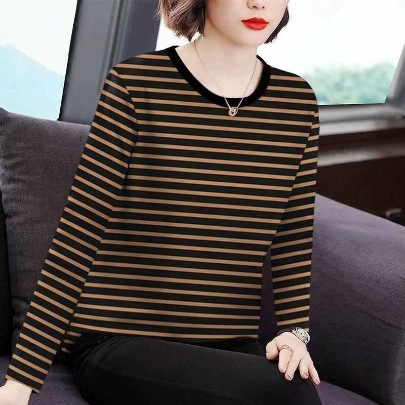New Style Mother's Clothing, Loose and Versatile, Long-sleeved, Large-size Striped Round Neck, Thin Bottoming Top for Women in Autumn