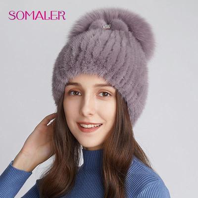 Winter Mink Fur Knit Hats for Women Genuine Warm Fox Fur Beanie Hat with Decoration Outdoor Skull Caps