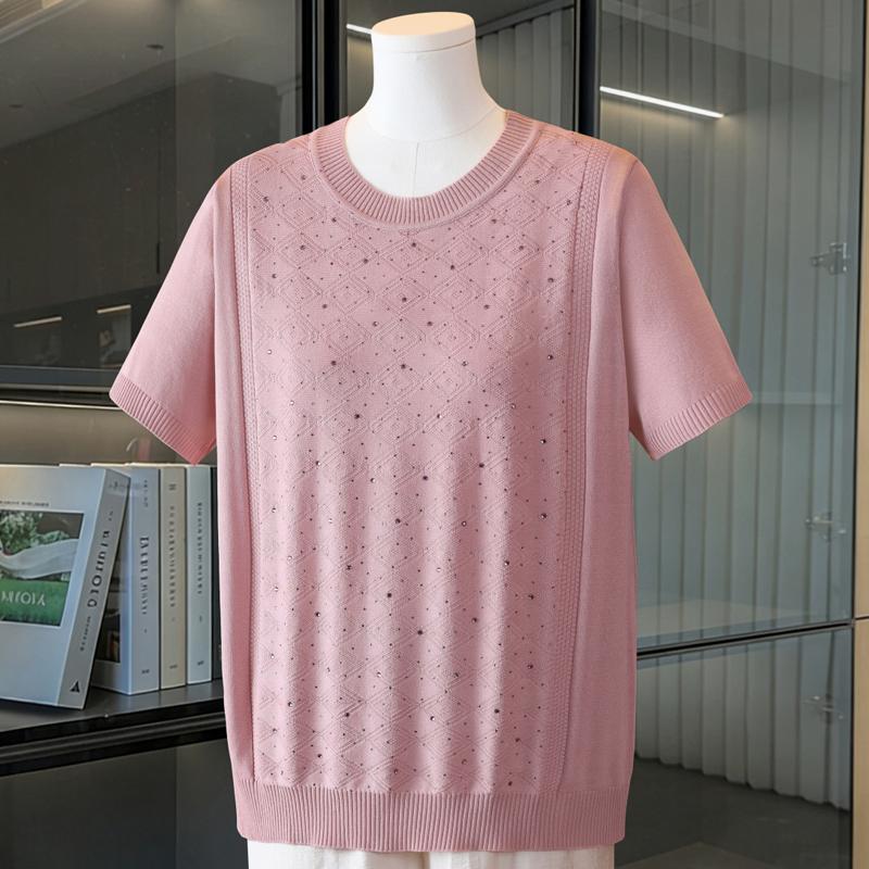 Women Plus Size Round Neck Short Sleeve Knit Sweater Rhinestone Diamond Jacquard Knit Top