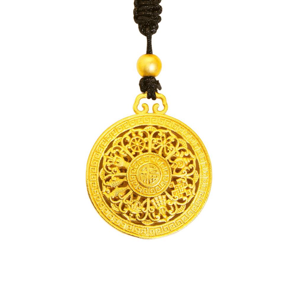 Retro Gold Flower Silk Fu Character Compass Pendant Necklace