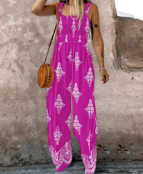 2026 Sommer Damen Jumpsuit mit Aufdruck, Trägern, Tasche, gerafftem Oberteil und weitem Bein
