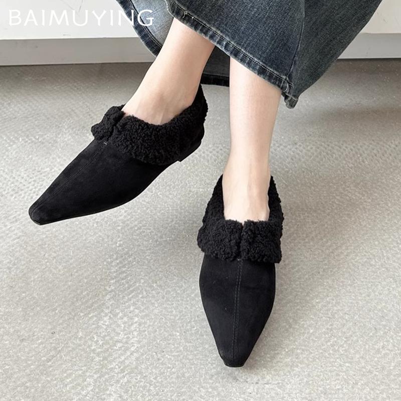 Fur Flats Women Boots Suede Pointed Toe Elegant Short Plush Winter Cotton Shoes 2025 Trend Designer Warm Cozy Chaussures Femme
