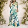 Women Plus Size V Neck Cold Shoulder Short Sleeve Tie Cuff Printed A Line Maxi Dress