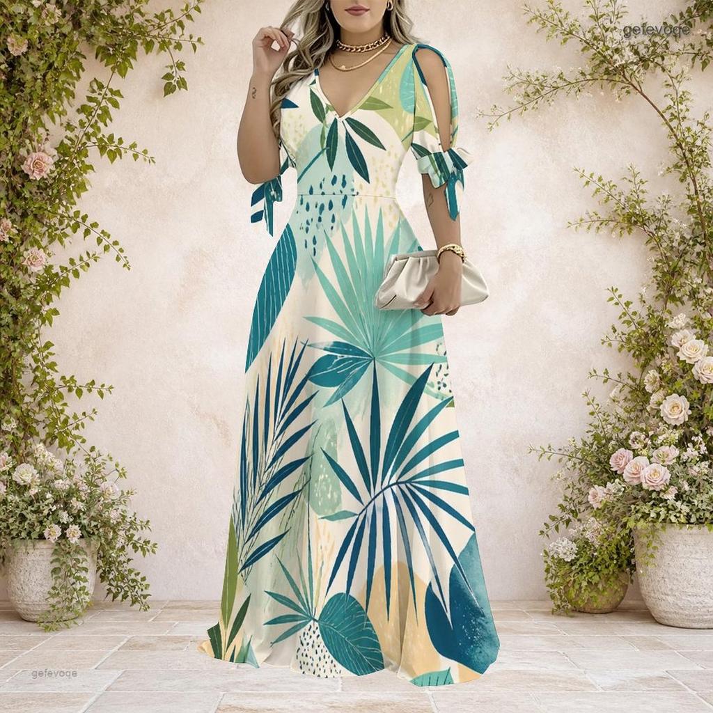 Women Plus Size V Neck Cold Shoulder Short Sleeve Tie Cuff Printed A Line Maxi Dress