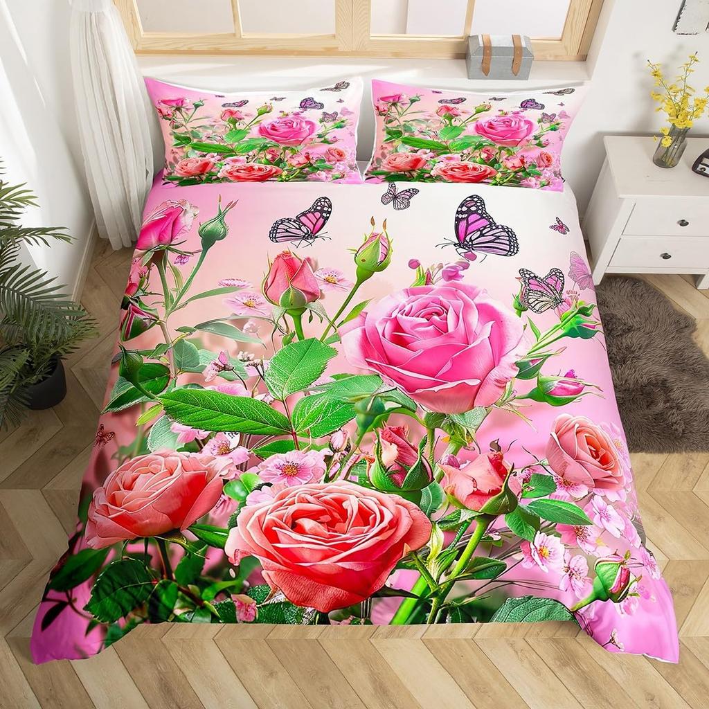 Roslakan Set Romantiskt Rosblommigt Sängkläder Set Mikrofiber Botaniska Blommor Täcktäck för Kvinnor Flickors Sovrumsinredning