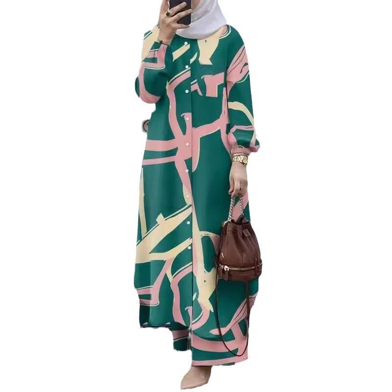 Muslim women's fashion floral print two-piece spring and autumn clothing retro long shirt wide-leg pants set