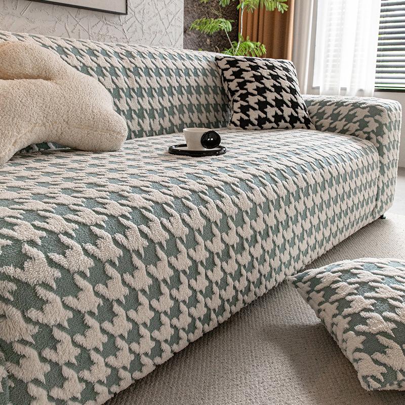 Cozy Houndstooth Check Velvet Sofa Cover All Inclusive Anti-Skid Seat Cushion Furniture Protection Slipcover For Living Room
