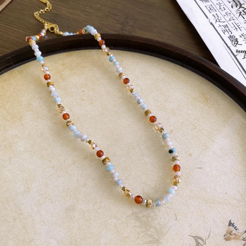 Bunte Steinperlen Edelstahl Anhänger Halskette - Vintage Ethnische Schlüsselbeinkette