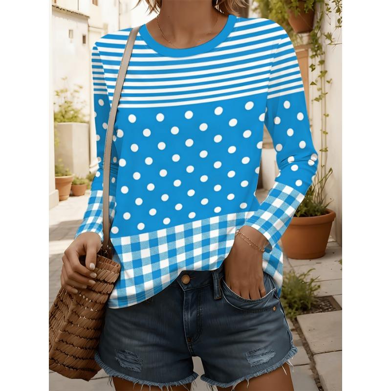 Women's long-sleeved T-shirt, contrasting stripes, polka-dot plaid, round neck, soft, breathable, loose, slimming, new autumn style