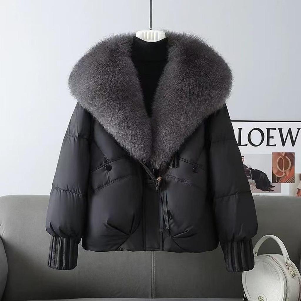 Kurze Damen-Pufferjacke mit luxuriösem Fuchsfellkragen, Warme Winter-Oberbekleidung