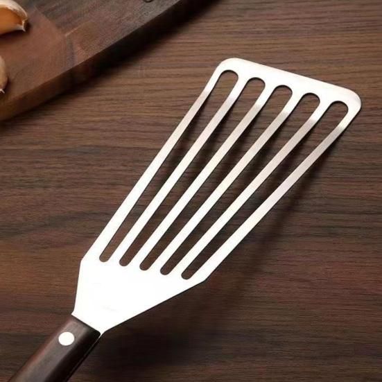 Stainless Steel Slotted Spatula with Wooden Handle Heavy-Duty Turner for Steak Fish BBQ Heat-Resistant Rust-Proof Essential Kitchen Tool for Flipping