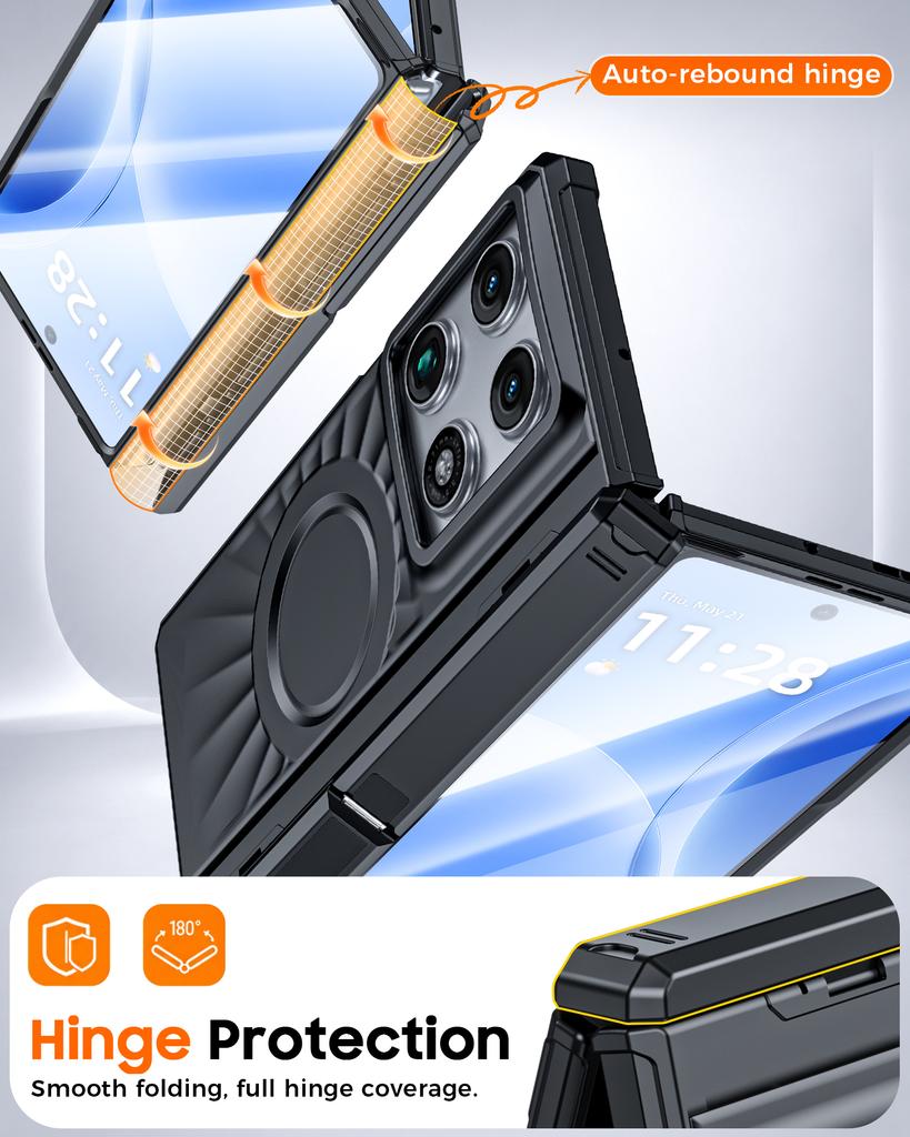 Etui Motorola Razr Fold z Ochroną Zawiasu, Magnetycznym Pierścieniem, Podwójną Podstawką i Ochroną Ekranu HD - Czarne