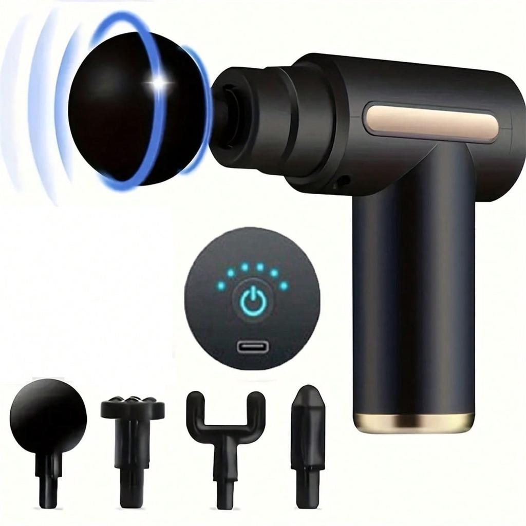 Pistol de Masaj pentru Țesut Profund cu 4 Capete pentru Alinarea Corpului Întreg, Instrument Ultimativ de Recuperare Musculară, Plastic de Calitate Familială, Încărcare USB