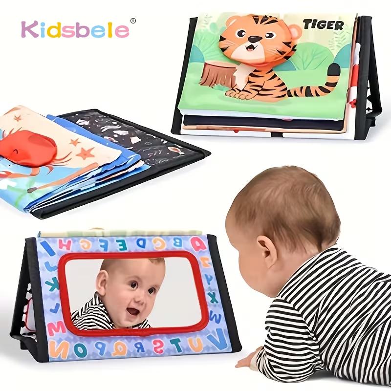 Funny Baby Tummy Time Soft Cloth Book Montessori Sensory Development Toy Colorful Animal Pattern Play Mat With Distorting Mirror
