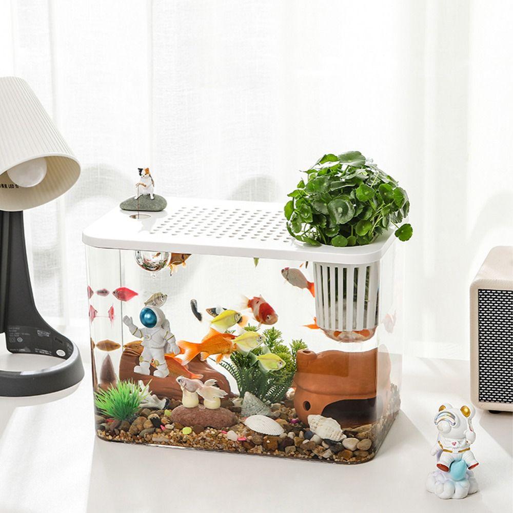 Small Fish Tank with Lid Betta Aquarium Tank Creative Hydroponic Fish Bowls  For Home Decorative