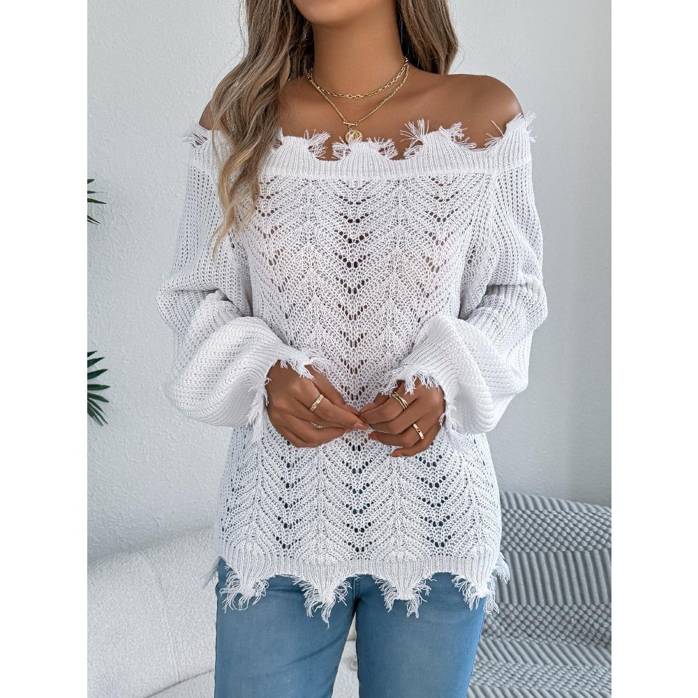Women's Knitted Sweater for Autumn/Winter Solid Colour Lace-Up Long Sleeves Ragged Hem Off-Shoulder Pullover Loose-Fit Top
