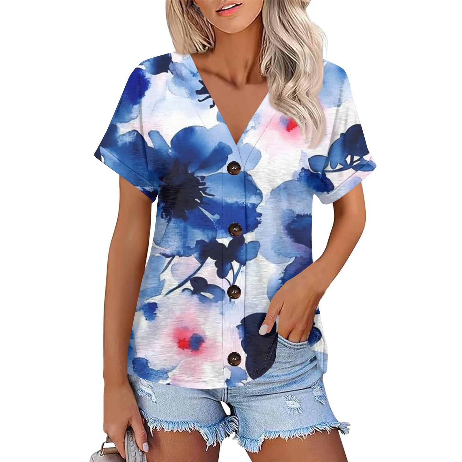 

Женская мода с короткими рукавами и V-образным вырезом, повседневная футболка с пуговицами XXXL синий